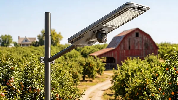 All-in-one solar-powered street light with an integrated security camera installed on a farm roadside, offering lighting and safety monitoring for rural areas.