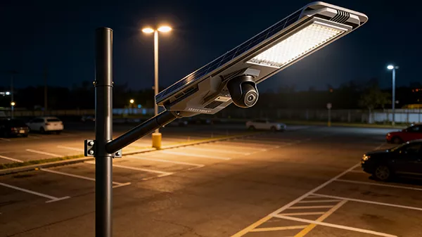 All-in-one solar-powered street light with an integrated security camera installed in a commercial parking lot, providing security lighting and surveillance