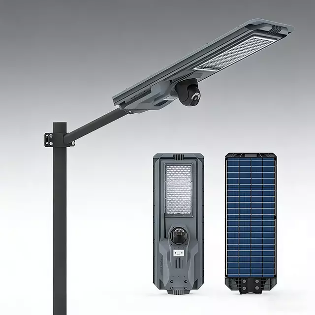 Heavy-duty 1200W equivalent integrated solar street light with 4G CCTV camera, MJ-SSTH1200C premium model, featuring 360&deg; rotation, MPPT fast charging, and advanced motion alerts for commercial perimeter security - E-ABLE POWER