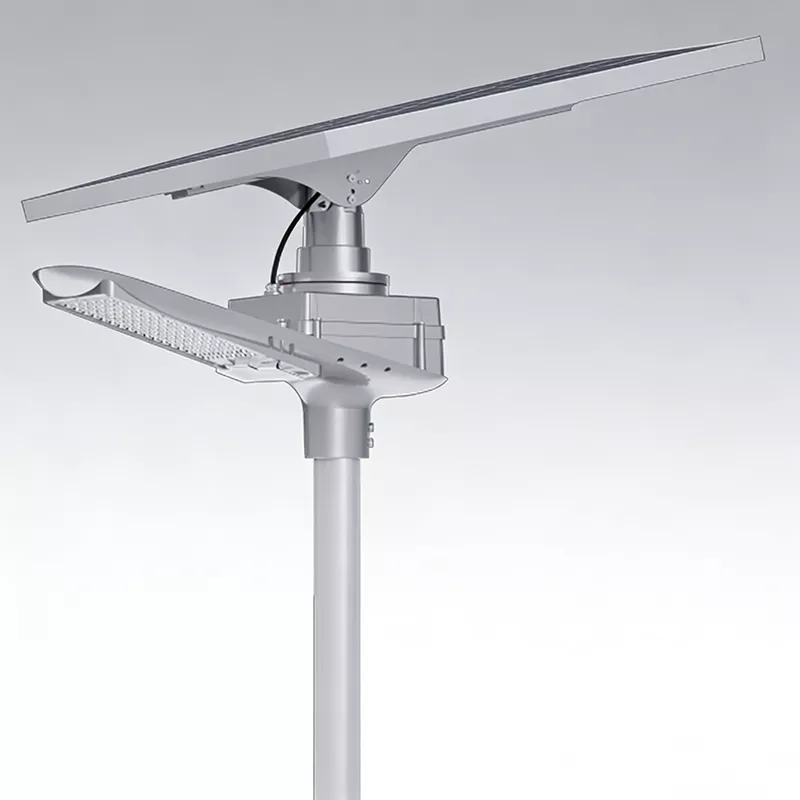 Split-type solar street light with an adjustable solar panel bracket and high-efficiency LED luminaire for optimal sun exposure.