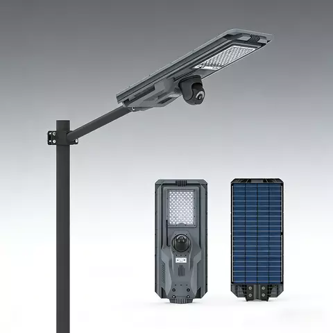 Heavy-duty 1200W equivalent integrated solar street light with 4G CCTV camera, MJ-SSTH1200C premium model, featuring 360&deg; rotation, MPPT fast charging, and advanced motion alerts for commercial perimeter security - E-ABLE POWER