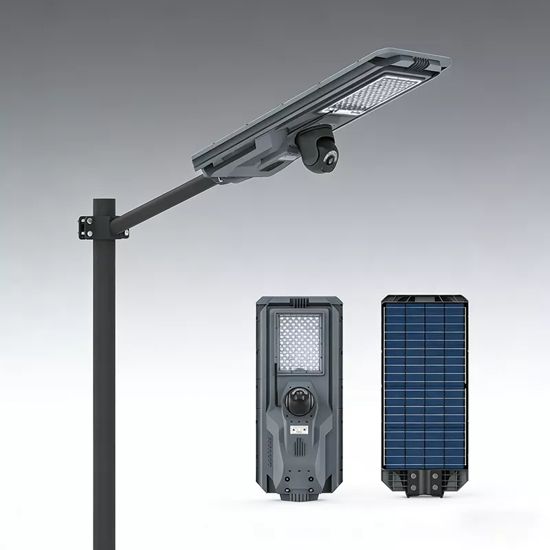 Integrated solar street light with 4MP CCTV camera, MJ-SSTH800C standard model, featuring 1440P HD monitoring, Grade-A LiFePO4 battery, and patented Outer Space design for residential security - E-ABLE POWER