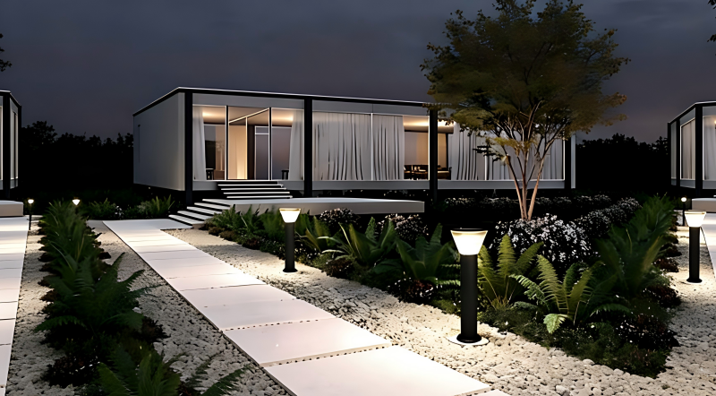 Modern corporate campus pathway illuminated by ZC-CPD3006 solar bollard lights, showcasing high-performance off-grid architectural lighting..png