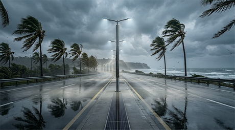A highly wind-resistant pole with vertical solar panel standing stable during a coastal storm.png