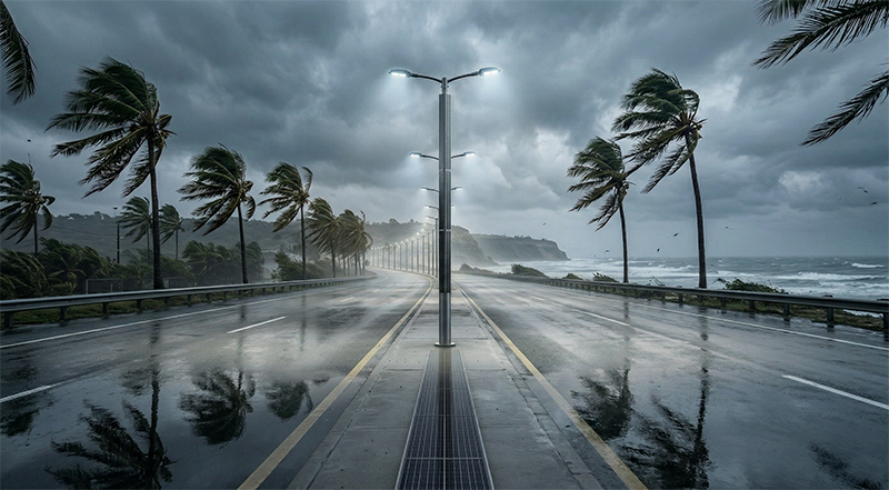A highly wind-resistant pole with vertical solar panel standing stable during a coastal storm.png
