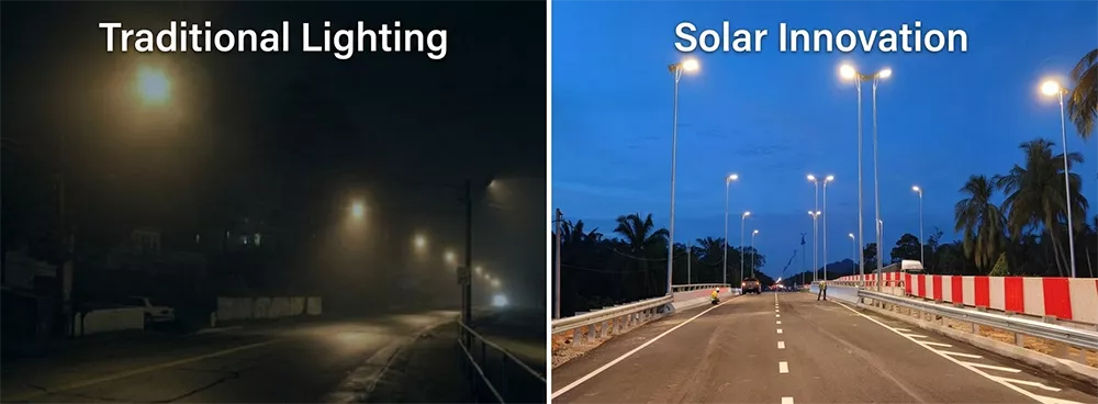 Comparison between traditional street lighting and E-Able Power solar innovation showing superior brightness and road coverage at night