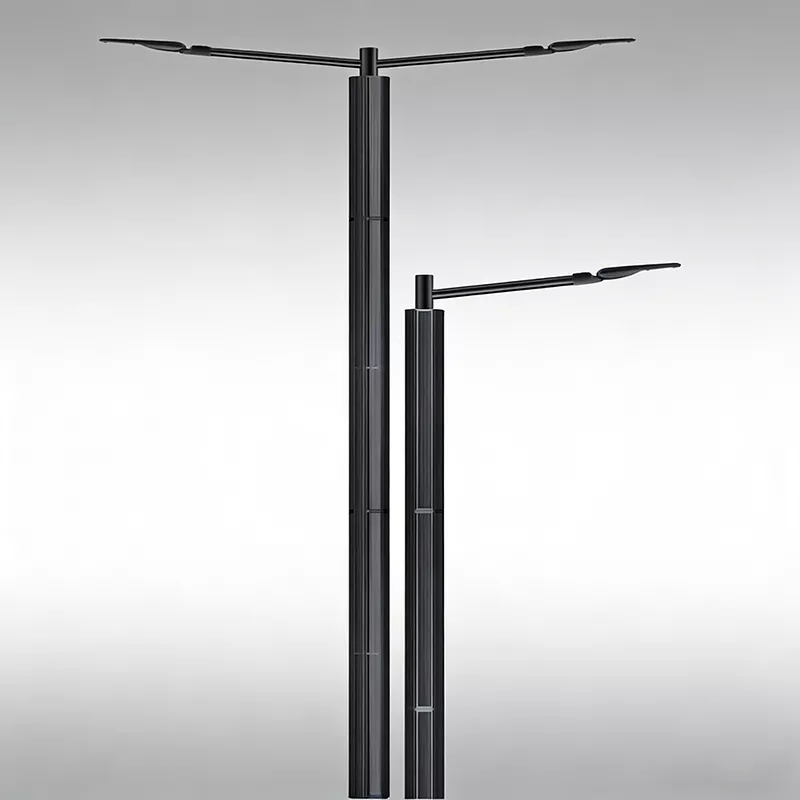 Integrated solar street lights with double-arm and single-arm configurations, featuring vertical solar modules on the pole