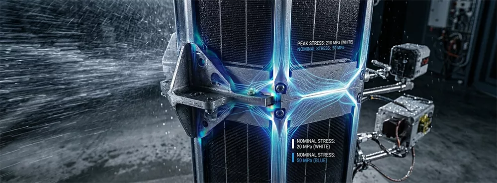 Close-up ng solar pylon structural integrity, stress analysis sa hexagonal photovoltaic frame, wind resistance engineering details, heavy-duty metallic solar pole joints..webp