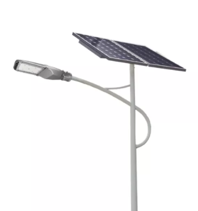  'Split Solar Street Light met apart zonnepaneel, LED -licht en batterij gemonteerd op een paal. '