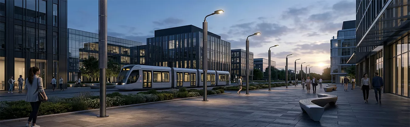 Sleek and modern pole with vertical solar panel illuminating a high-end urban smart city plaza at night..webp