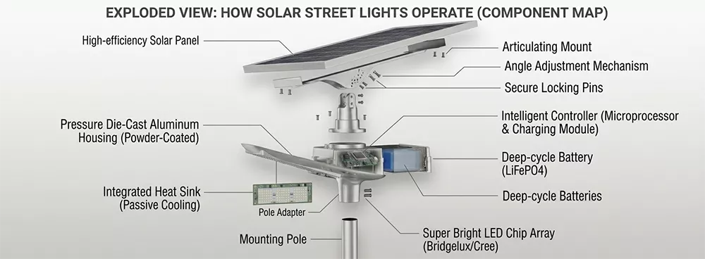 Exploded view of E-Able Power solar street light showing high-efficiency solar panel, LiFePO4 battery, MPPT controller, and Bridgelux Cree LED chip array.