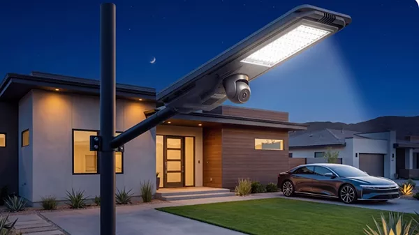 All-in-one solar-powered street light with an integrated security camera installed on a modern residential street, illuminating the road at night.