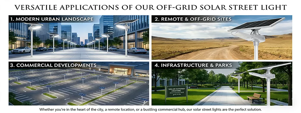 Versatile applications of E-Able Power off-grid solar street lights in urban landscapes, remote areas, commercial parking lots, and public parks.