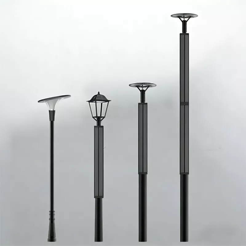 Four different heights of solar garden post lights with vertical solar panels and modern decorative lamp heads for landscape lighting.