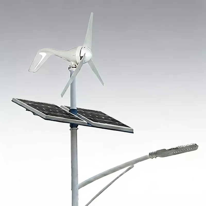 Wind-solar hybrid street light system featuring a vertical axis wind turbine, solar panel, and LED street lamp for renewable energy efficiency.