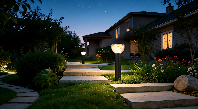 Sleek architectural solar bollard light with warm 3000K LED, highlighting a modern stone pathway in a luxury garden..png