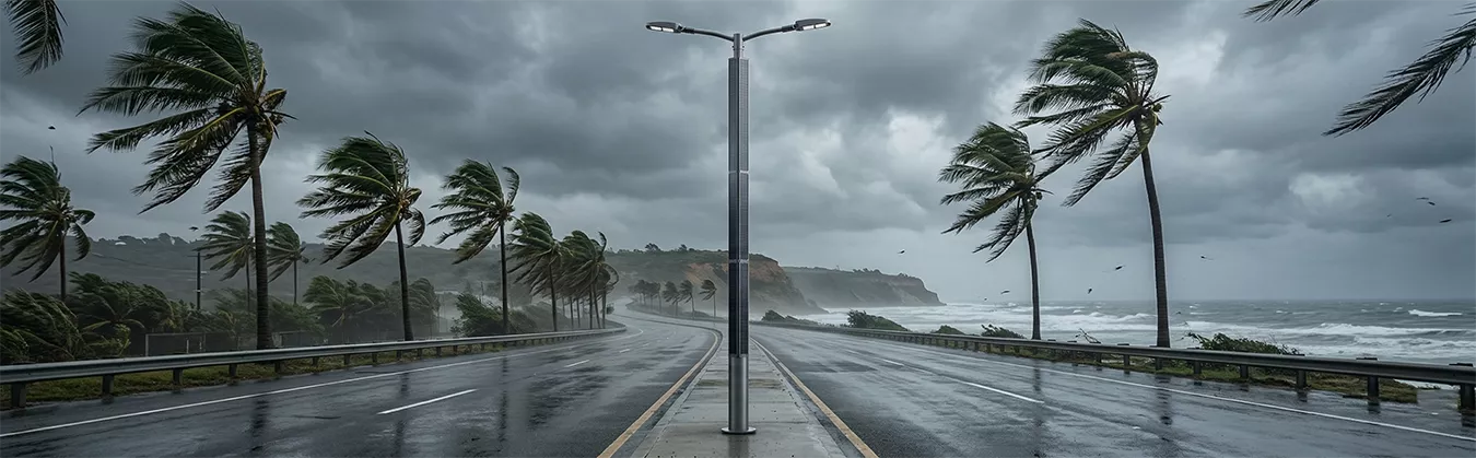 A highly wind-resistant pole with vertical solar panel standing stable during a coastal storm.webp
