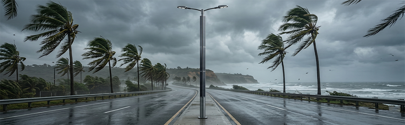 A highly wind-resistant pole with vertical solar panel standing stable during a coastal storm